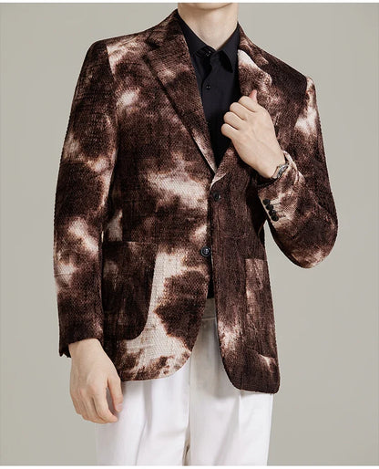 Autumn Korean Slim Fit Suit Jacket for Men Tie Dye Chenille Fashion Casual Suit Jacket Warm Business Social Formal Men Blazers