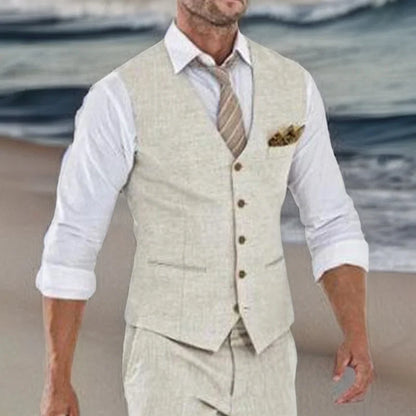 Men's Linen Suit Vest – Beige V-Neck Waistcoat for Wedding, Beach & Smart Casual Wear