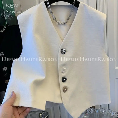 Fashion Irregular V-neck Suit Vests Tops Women 2025 New Summer Unique Buttons Solid All-match Sleeveless Waistcoats Female