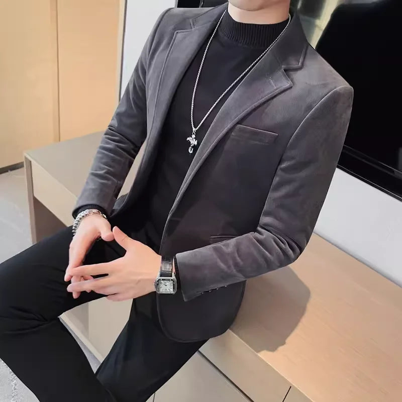 Men's Wool Blazer Single Breasted Smart Casual Solid Color Autumn Winter