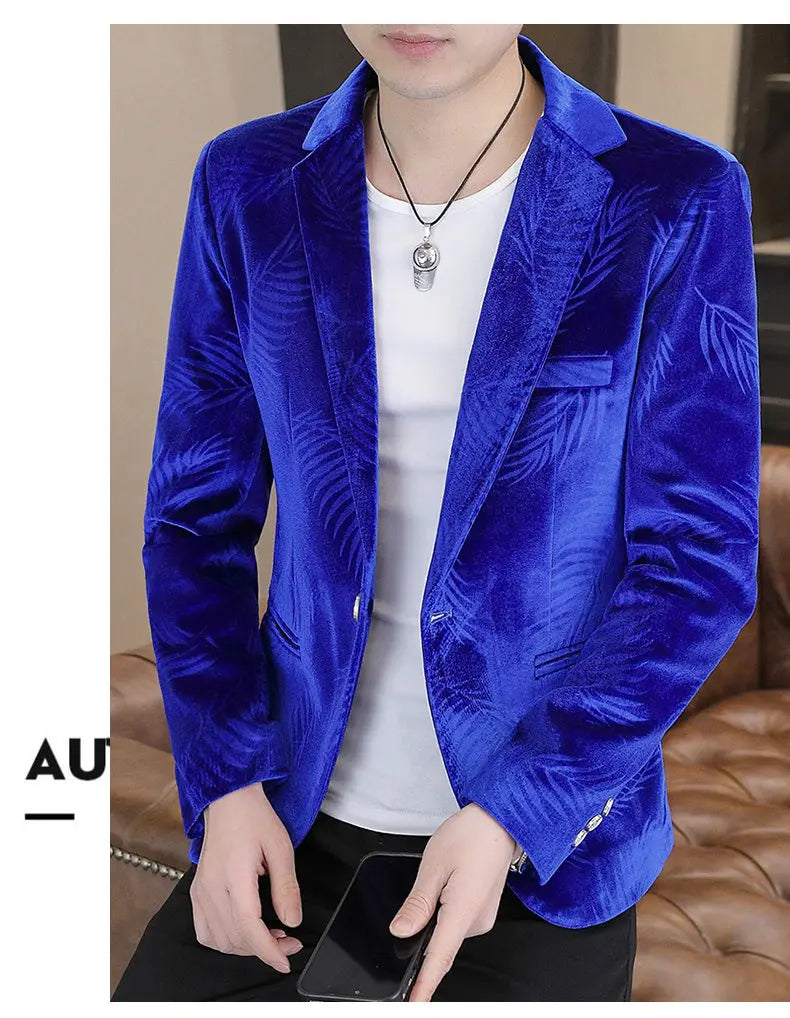 Men's Slim Fit Velvet Blazer – Bamboo Leaf Print Smart Casual Suit Jacket