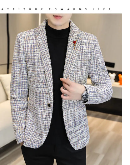 Korean Fashion Woven Suit Jacket for Men Autumn Slim Fit Casual Men Blazers Street Wear Social Business Dress Coats Men Clothing