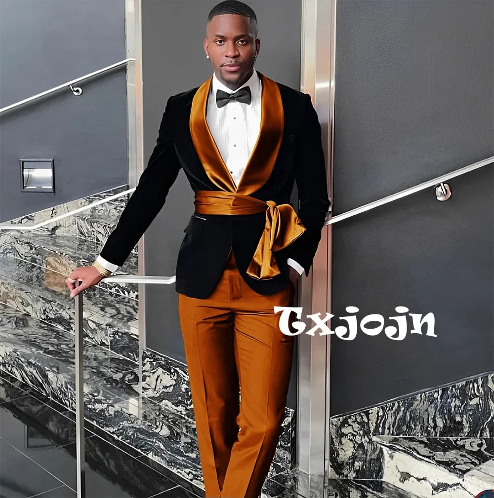 New Arrival Fashion Velvet Men's Suits 2 Pieces Wedding Groom Tuxedo Elegant Handsome Suit Set For Men Birthday Party Customized