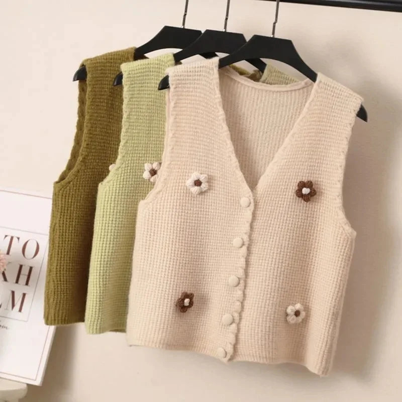 Women Knitted Tank Top Autumn New Sweet And Fresh Short Loose Sleeveless Sweater Cardigan Women's Knitted Vest