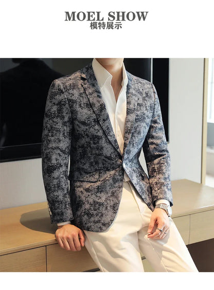 2026 Spring Denim Blue Men's Casual Suit Jacket Korean Slim Blazers Tie-dyed Business Social Jacket Banquet Party Dress Coats