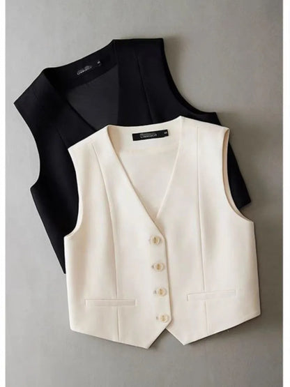 Women Fashion White Black Suit Vest New Short Style Sleeveless Jacket Office Lady V-Neck Casual Lined Blazers Vest Waistcoat