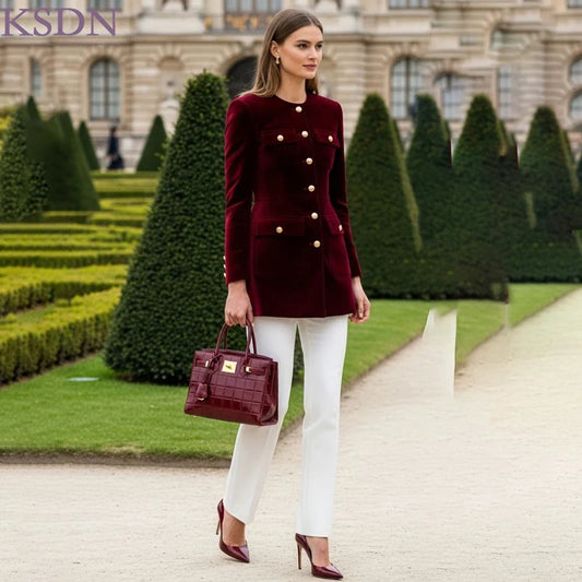 Elegant Women's 2 Piece Suits Fashion Single Breasted O-Neck Blazer With White Pants Formal Office Lady Female Clothing