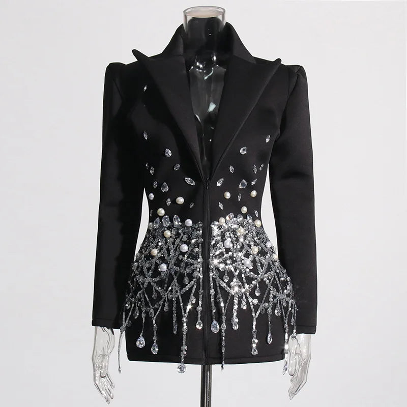 Sexy Socialite Style Blazer Dress 2025 Spring Autumn New Women's Turn-Down Collar Long Sleeve Sequin Diamond Jacket  HK8313