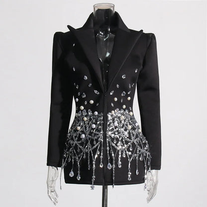 Sexy Socialite Style Blazer Dress 2025 Spring Autumn New Women's Turn-Down Collar Long Sleeve Sequin Diamond Jacket  HK8313