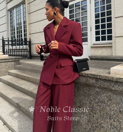 Women 2 Piece Suit Set Double Breasted Waist‑Fitted Blazer Wide Leg Pants Formal Office Business Lady Wedding Party Customized