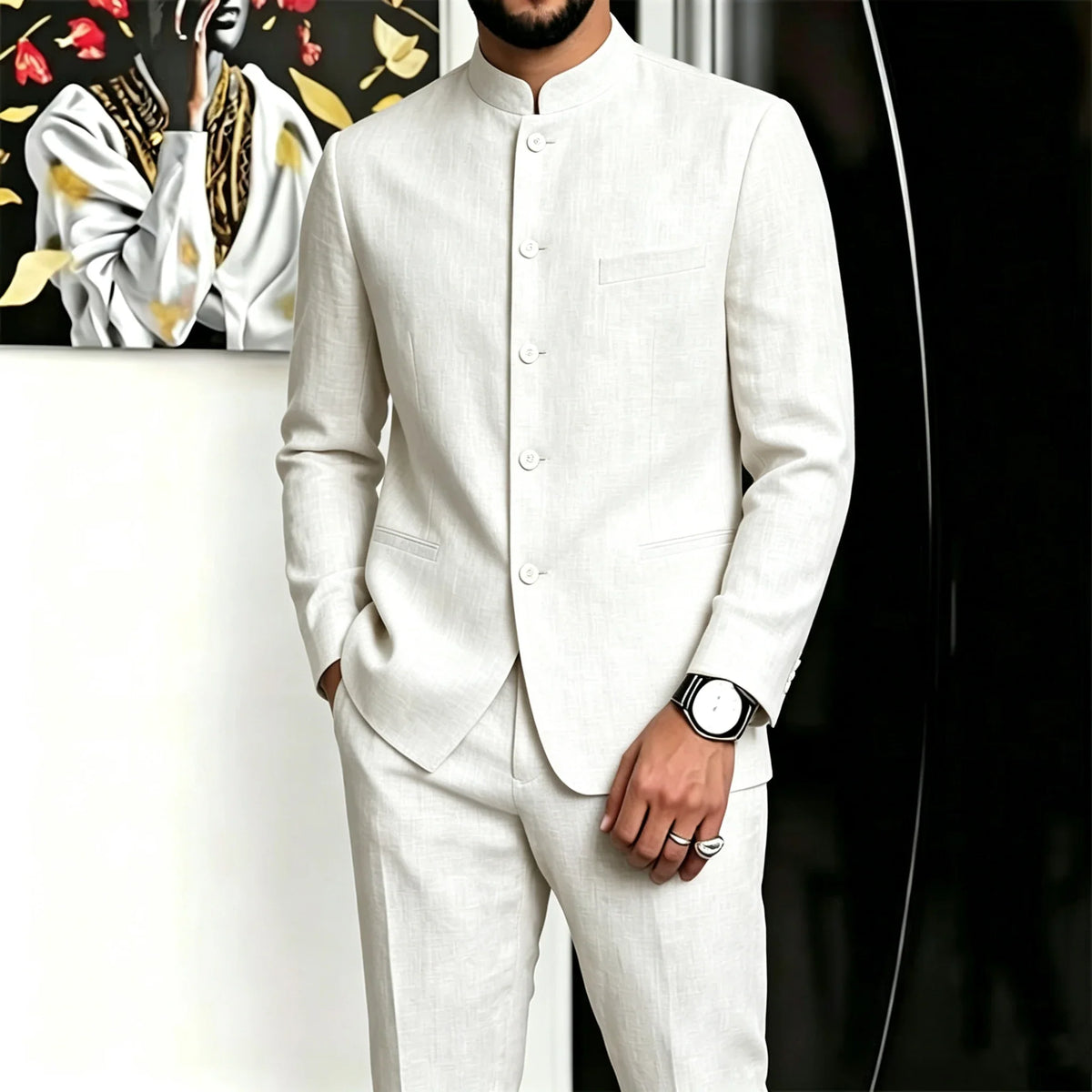 Chinese Suit for Men 2 Piece Suits Slim Fit Chinese Tunic Suits Stand Collar Weddig Prom Suit Blazer Pants Set Outfit