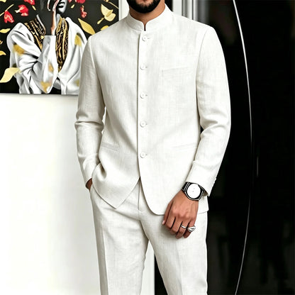 Chinese Suit for Men 2 Piece Suits Slim Fit Chinese Tunic Suits Stand Collar Weddig Prom Suit Blazer Pants Set Outfit