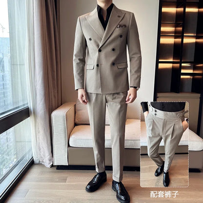 (Jacket+Pant) Fashion Double Breasted Design Men's Slim Fit Suits High Quality Italian Style Wedding Social Tuxedo Men Clothing