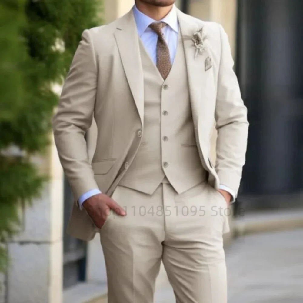 3PCS Formal Solid Men's Suit Set - Wedding Business Party Prom Classic Occasion Jacket Vest Pants Ensemble