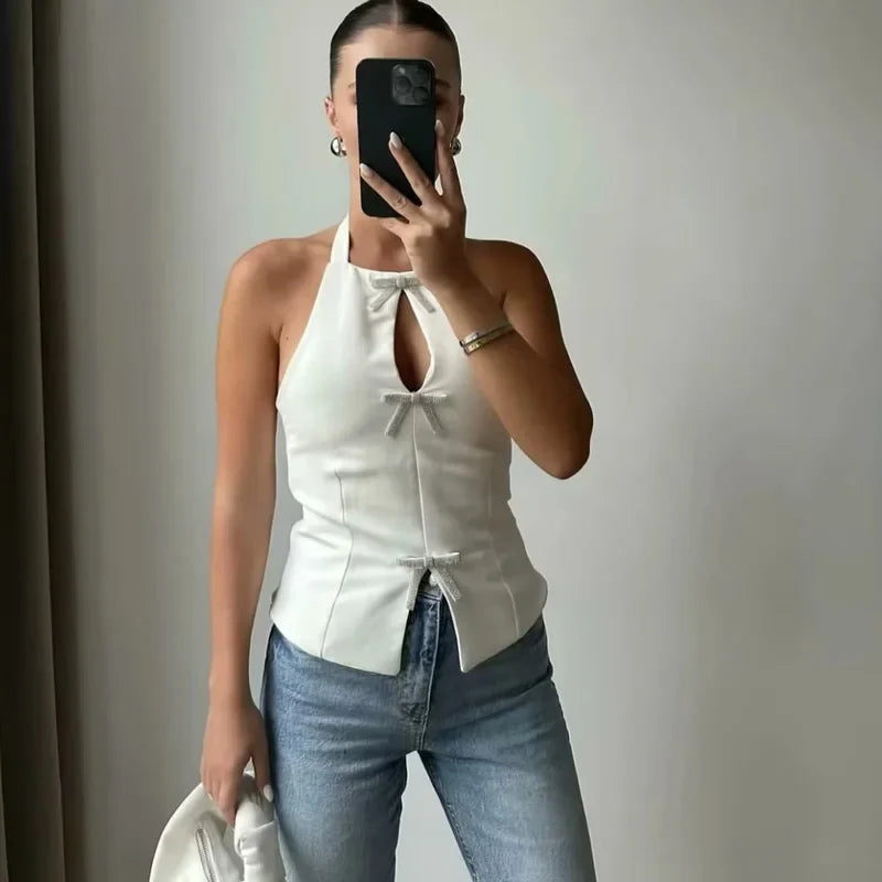 Rhinestone Bow Halter Top Women Off Shoulder White Crop Top Woman Party Backless Sexy Tops Summer Cut Out Short Black Top