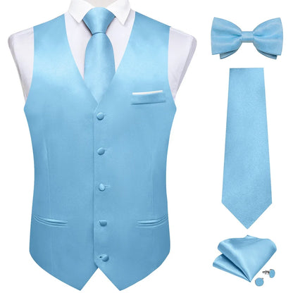 Men's Satin Suit Vest Set with Necktie Bow Tie Handkerchief and Cufflinks for Wedding and Formal Occasions