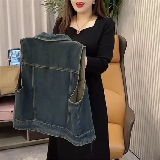 Spring Autumn Ladies Flip Collar Denim Sleeveless Tops Retro Female Cowboy Waistcoat Outwear Women Fashion Jeans Waistcoat Coat