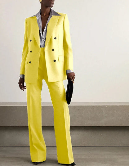Fashion Grey Double Breasted Women Pants Set High-end Female Two Pieces(Jacket+Trousers)أطقم بناطيل