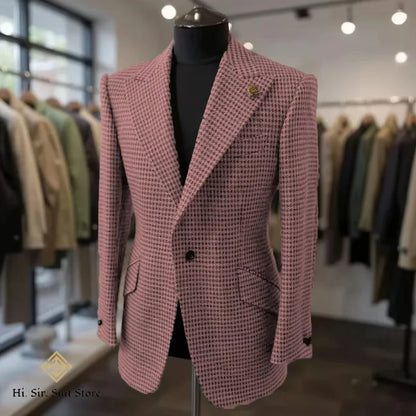 Houndstooth Blazer Men Slim Fit Plaid Suit Jacket Tuxedo One Button Peak Lapel Business Casual Wedding Prom Sport Coats Hot Sale