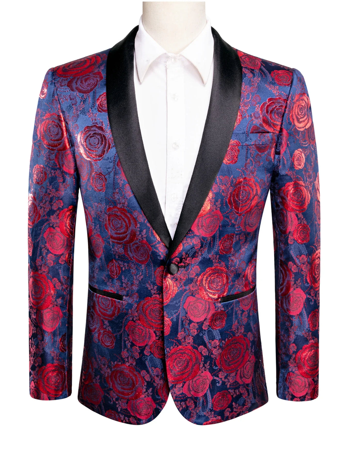 Navy Base Red Rose Floral Jacquard Tuxedo Blazer for Men, Black Shawl Lapel Slim Formal Jacket Host Wedding Ceremony Costume