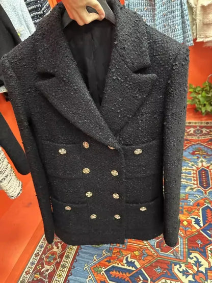 Double Breasted Office Ladies Elegant Black Tweed Jacket Mid Length Fashion Coat Spring Autumn Lapel Straight Women Suit Jacket