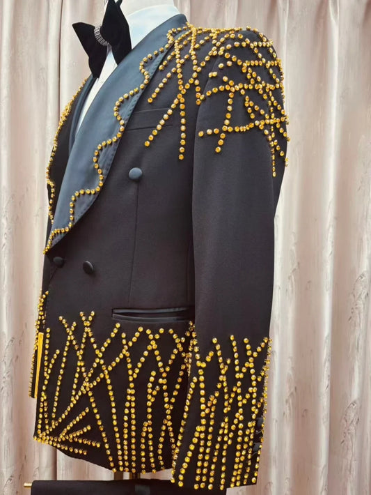 Man Exquisite Beaded Suit Set 2 Pieces Jacket Pants Party Prom Wear Double Breasted Men's Tuxedo Wedding Clothes Premium Suits