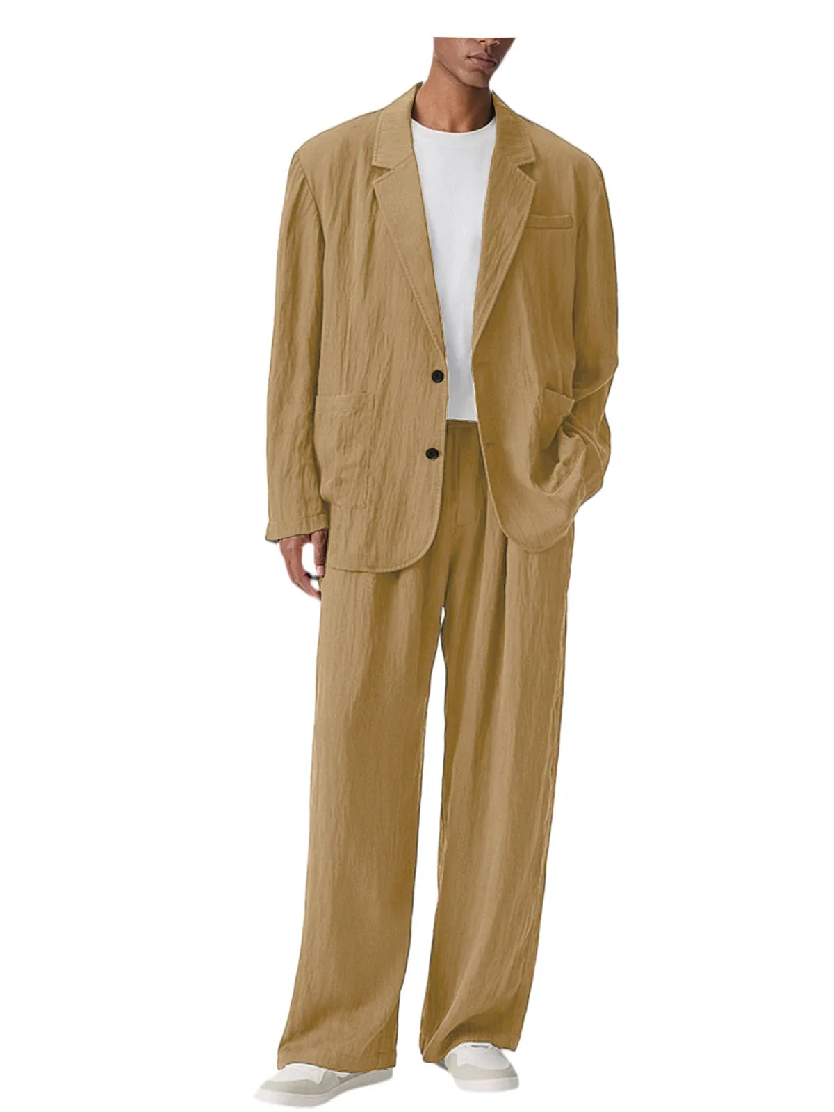 Men's Linen Blend Wrinkled Two Piece Suit Loose Two Button Blazer Wide Leg Trousers Casual Vacation Daily Soft Breathable Outfit