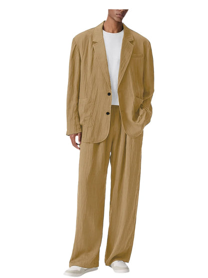 Men's Linen Blend Wrinkled Two Piece Suit Loose Two Button Blazer Wide Leg Trousers Casual Vacation Daily Soft Breathable Outfit