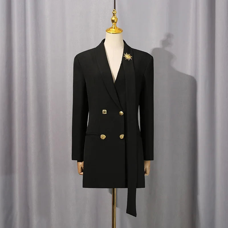 Women Chic Blazer Double Breasted Metal Button Decoration Elegant Trend Coat Office Lady High-End Jacket New Spring HK19942