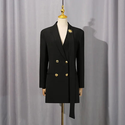 Women Chic Blazer Double Breasted Metal Button Decoration Elegant Trend Coat Office Lady High-End Jacket New Spring HK19942
