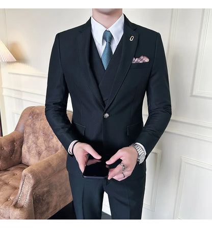 (Jackets+Pants+Vest) High Quality Men Slim Fit Party Tuxedos 3 Pieces Fashion Double Breasted Vest Design Business Wedding Suit