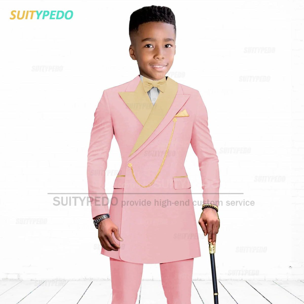 Brief Kids Suit Set  Formal Evening Prom Boys Stylish Gold Lapel Blazer And Pants Two Pieces Children Baptism Formal Costumes