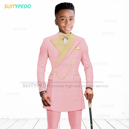Brief Kids Suit Set  Formal Evening Prom Boys Stylish Gold Lapel Blazer And Pants Two Pieces Children Baptism Formal Costumes