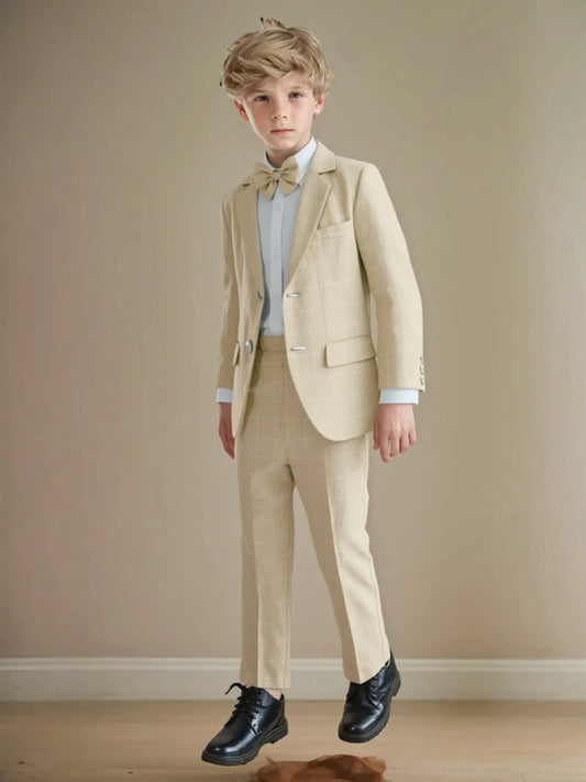 Gentleman Boys Beige 4Pieces Wedding Birthday Party Suit Set With Jacket Vest Pants Bowtie Kids Piano Performance Costume