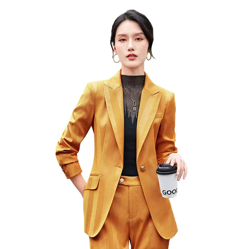Women Blazer Pants Sets Yellow Two Pieces 2024 Autumn Workwear Trousers Formal Striped Navy Blue Long Sleeve Tops Pantsuit