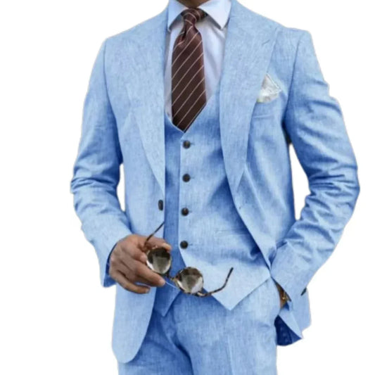 Men's 3-Piece Linen Suit – Slim Fit Blazer, Vest & Pants Set for Formal, Beach & Summer Occasions