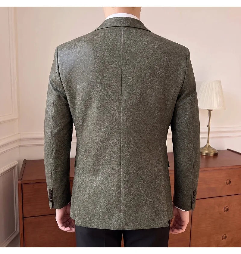 2026 Luxury Leather Suit Jacket Men's Business Casual Leather Men Blazers Social Wedding Groom Banquet Formal Coat Streetwear