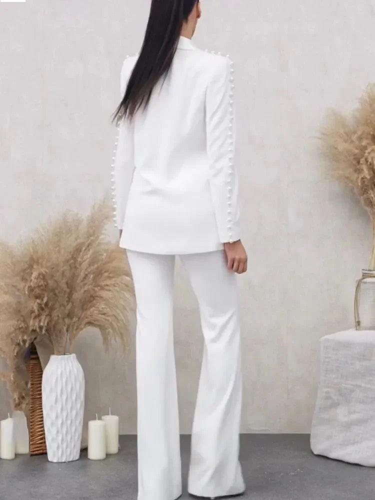 Fashion White Women Pants Sets Elegant Pearls Single Button Peak Lapel 2 Piece Chic Party Formal Solid Suits (Blazer+Pants)