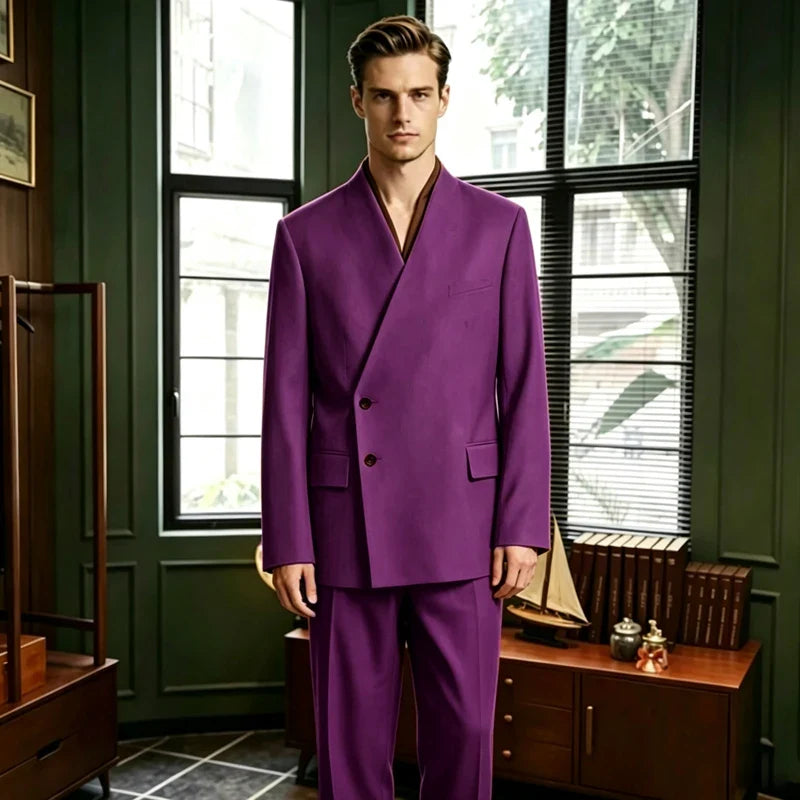 Men's 2-Piece Suit No Lapel Cross V-Neck Loose Blazer & Trousers – Wedding & Formal Occasions
