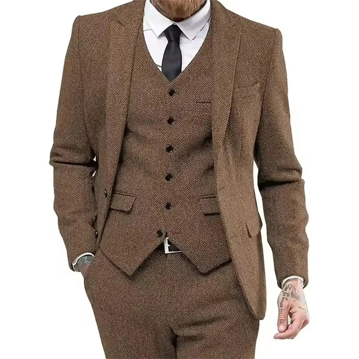 Classic Herringbone Tweed Mens Suits Stylish Vintage Tuxedo Set 3 Pieces Blazer Vest and Pant For Wedding Business Evening Party