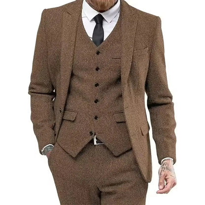 Classic Herringbone Tweed Mens Suits Stylish Vintage Tuxedo Set 3 Pieces Blazer Vest and Pant For Wedding Business Evening Party
