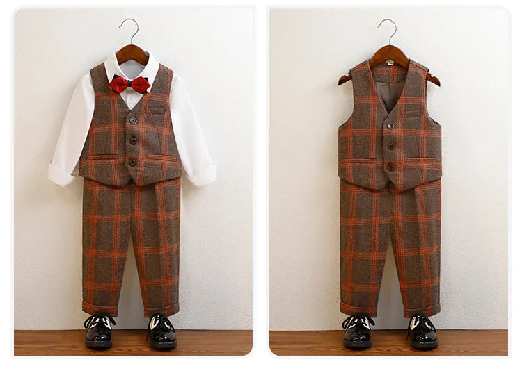 Boys Plaid Double Breasted Tuxedo Set – 4-Piece Formal Suit for Weddings & Special Occasions