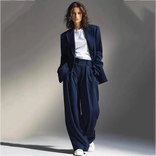 Fashion Runway Women 2 Pieces Suit Set Oversized Peak Lapel Double Breasted Pleated Loose Fit Stylish Look Daily Casual Outfit