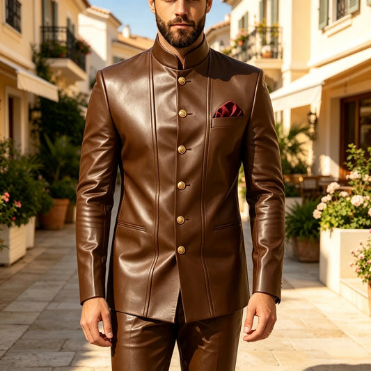 Men's PU Leather 2-Piece Suit – Stand Collar Slim Fit Blazer and Pants for Business and Formal Occasions