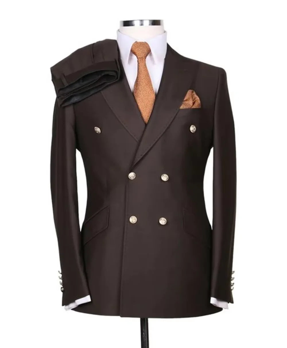 Men's Serge Suit 2 Piece Double Breasted Slim Fit Peak Lapel Gold Button High Quality Formal Blazer Pants Formal Business Weddin
