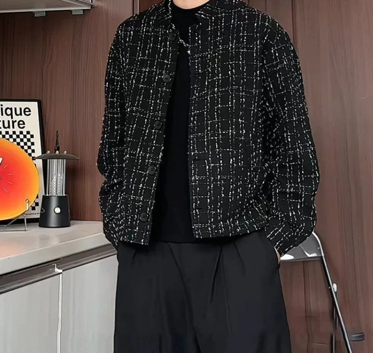 Men's Spring High-End Plaid Blazer Bad Boy Style Cropped Jacket Chinese Stand Collar Suit Outerwear