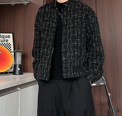 Men's Spring High-End Plaid Blazer Bad Boy Style Cropped Jacket Chinese Stand Collar Suit Outerwear