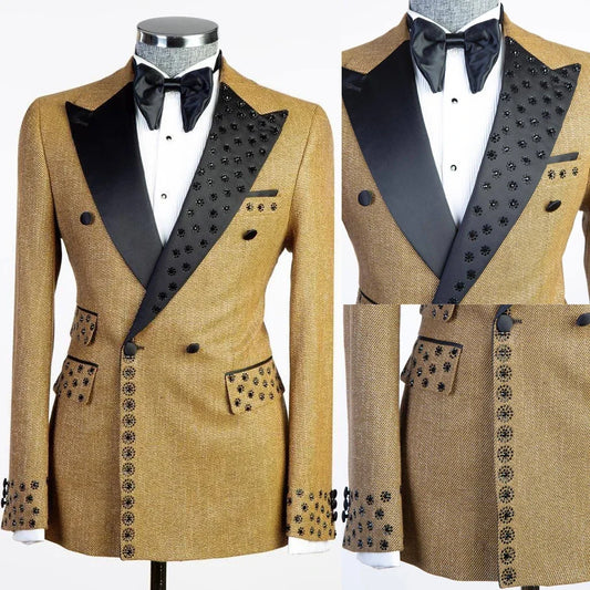 Modern Men's Suits Peaked Lapel Beads 2 Pieces Blazer Pants Business Formal Work Wedding Groom Tuxedo Customized Costume Homme