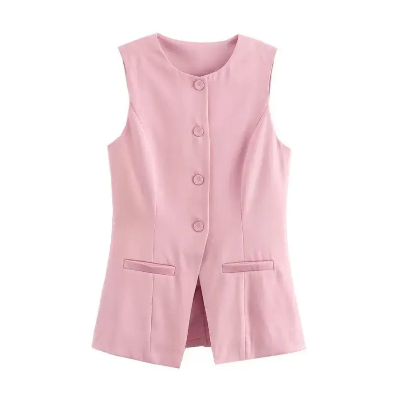 Women’s Vest Button Waistcoat Outwear Sleeveless Round Neck Solid Color Slim Fit Tops Chic  Casual Suit Vest Tops