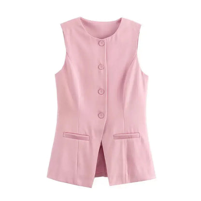 Women’s Vest Button Waistcoat Outwear Sleeveless Round Neck Solid Color Slim Fit Tops Chic  Casual Suit Vest Tops